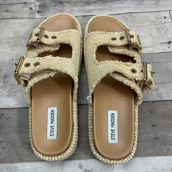 Steve Madden Karrigan Raffia Buckle Slide Sandals Size 9 Natural /Beige - Picture 5 of 10